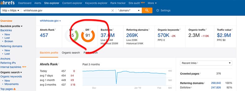 Screenshot highlighting DR in Ahrefs