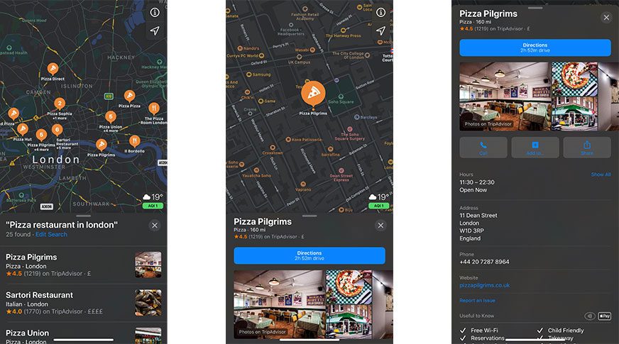 3 screenshots of the Apple Maps local SEO search on mobile