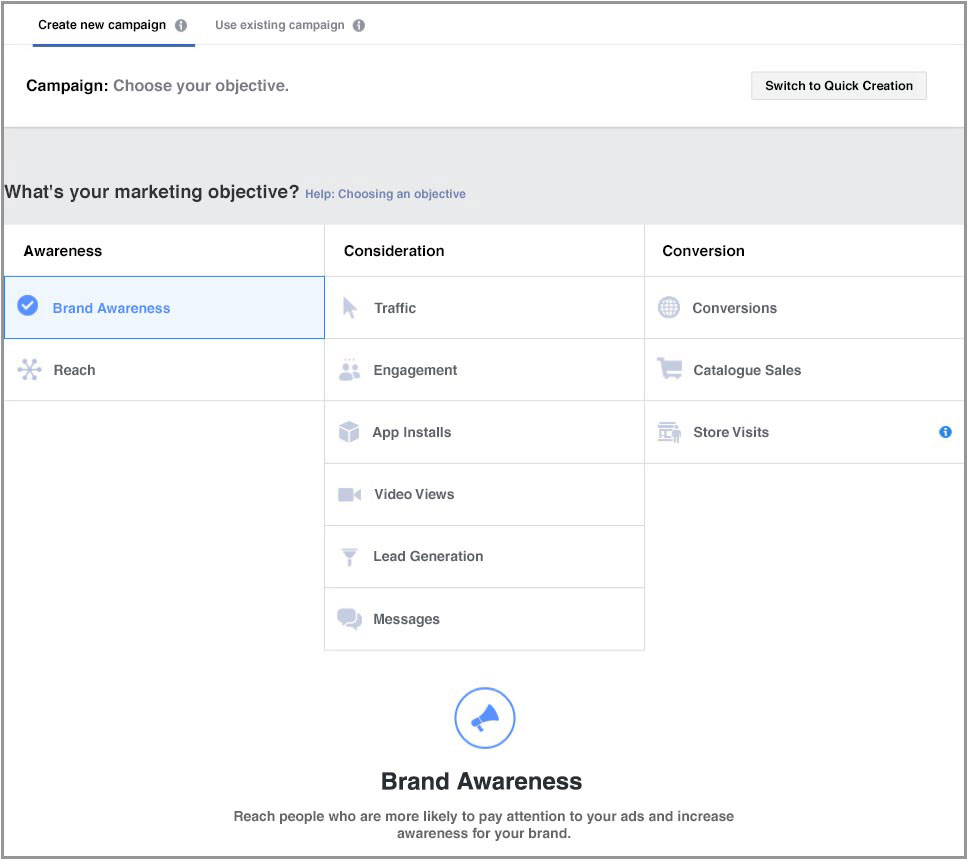 A screenshot of the options available when creating a Facebook Business Ad