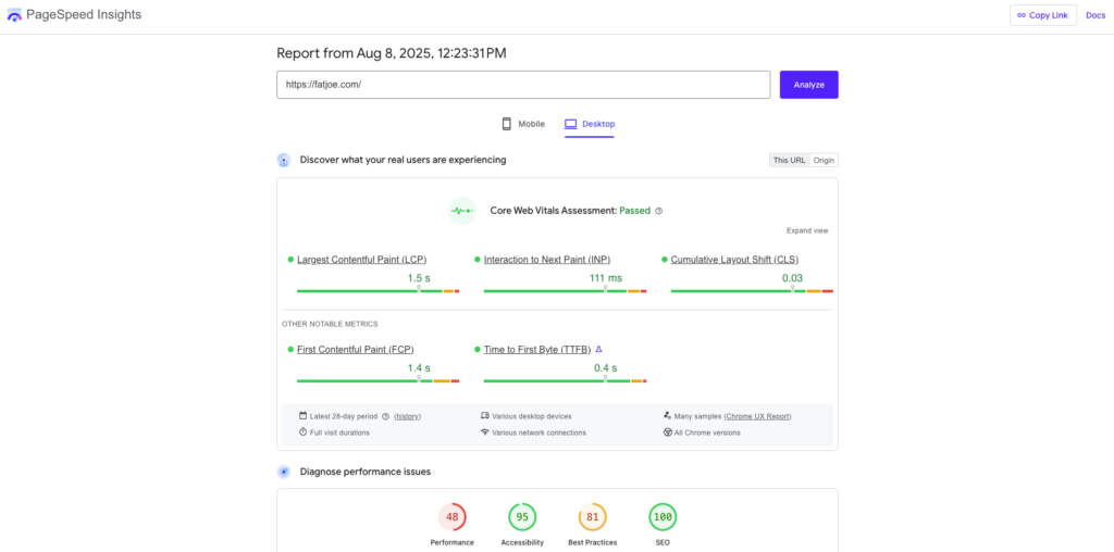 PageSpeed insights example