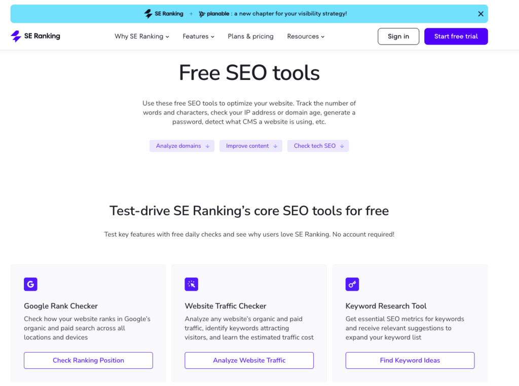 SE Ranking Free SEO Tools