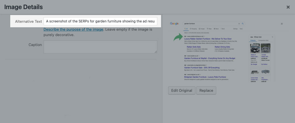 A screenshot of where to update the alt text within WordPress