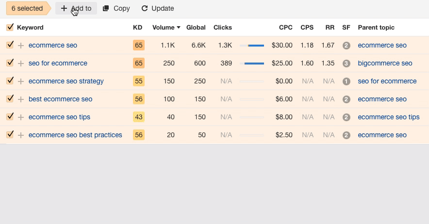 A GIF of the method for saving your keywords in Ahrefs