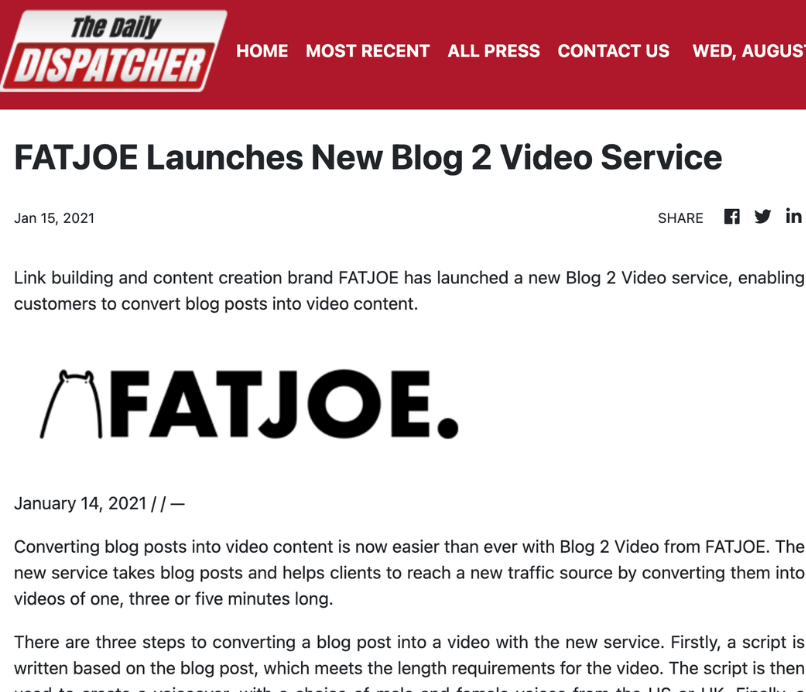 An example of fatjoe's Press Release Distribution service