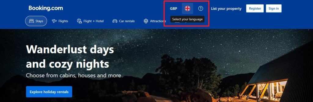 Booking.com language selection