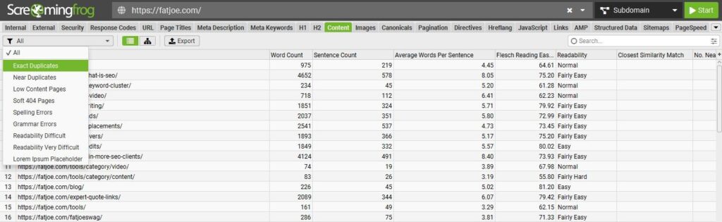 Screaming Frog exact duplicates
