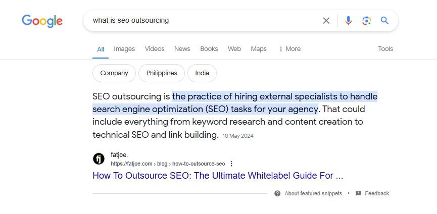 Example featured snippet from a FATJOE post