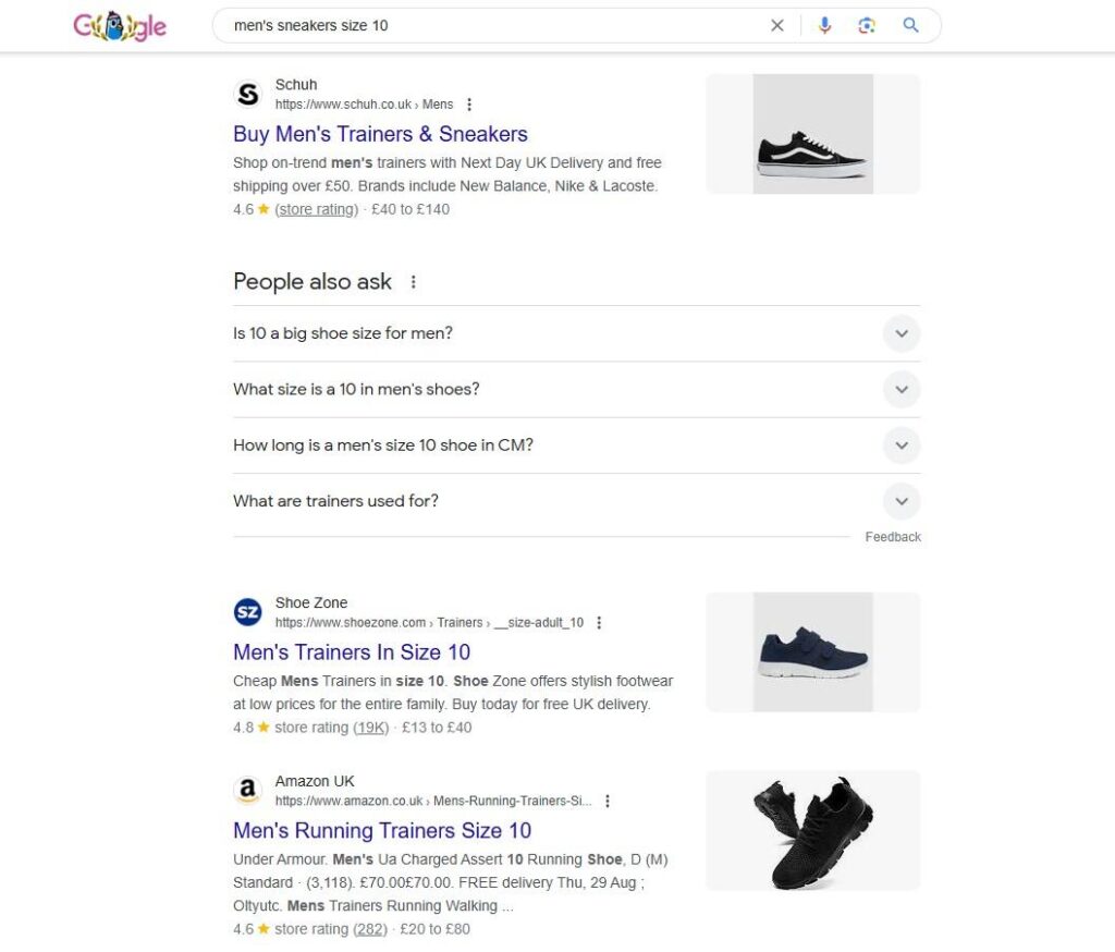 Men's Sneakers search example