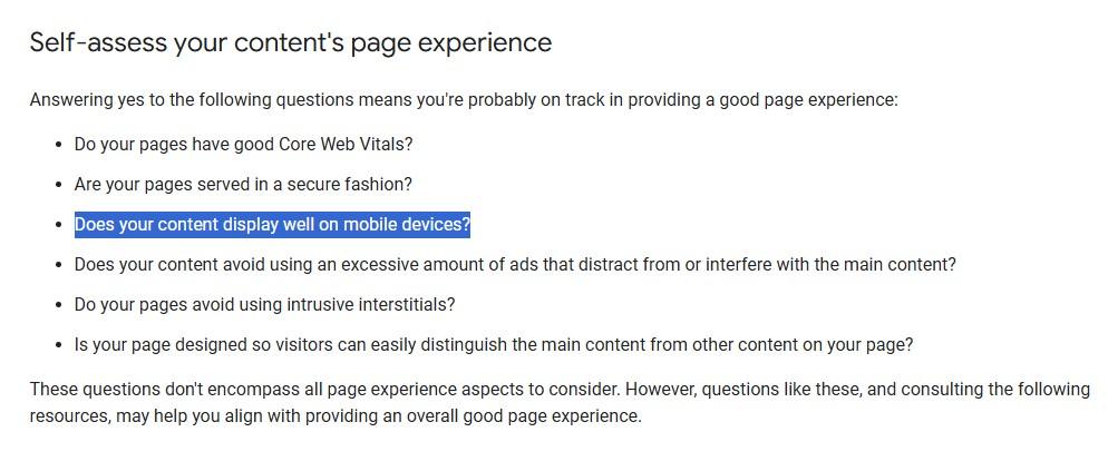 Google mobile page experience advice