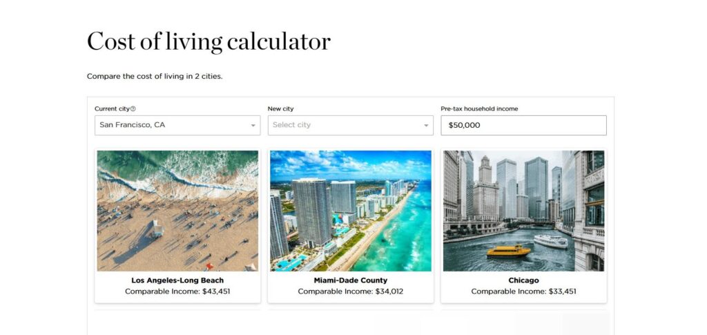 Screenshot of cost of living calculator