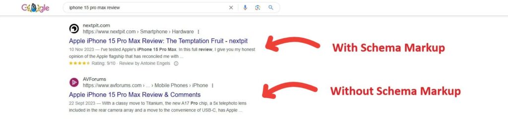With schema markup vs without schema markup example