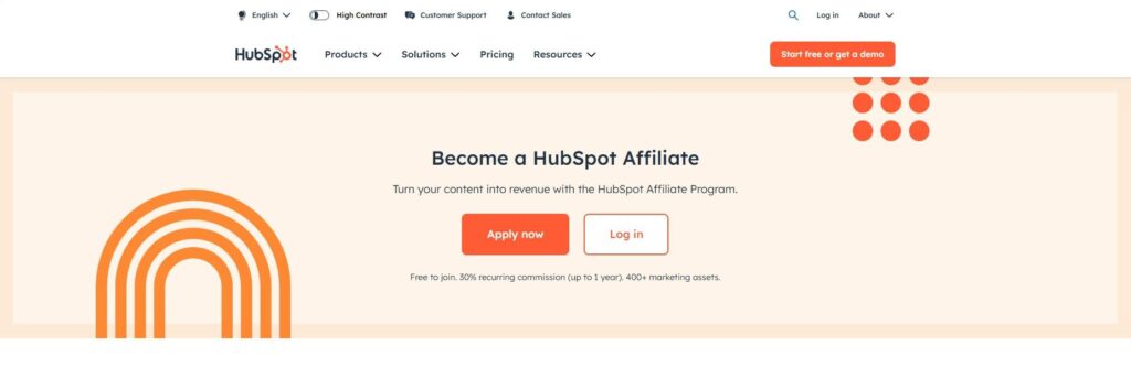 Screenshot of Hubspot's affiliate program