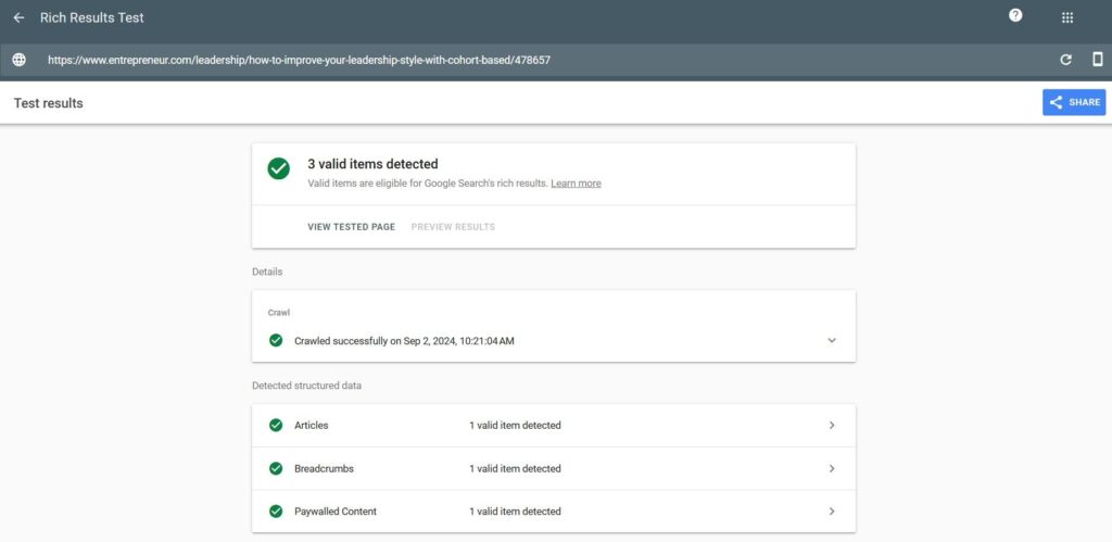 GSC rich results test example