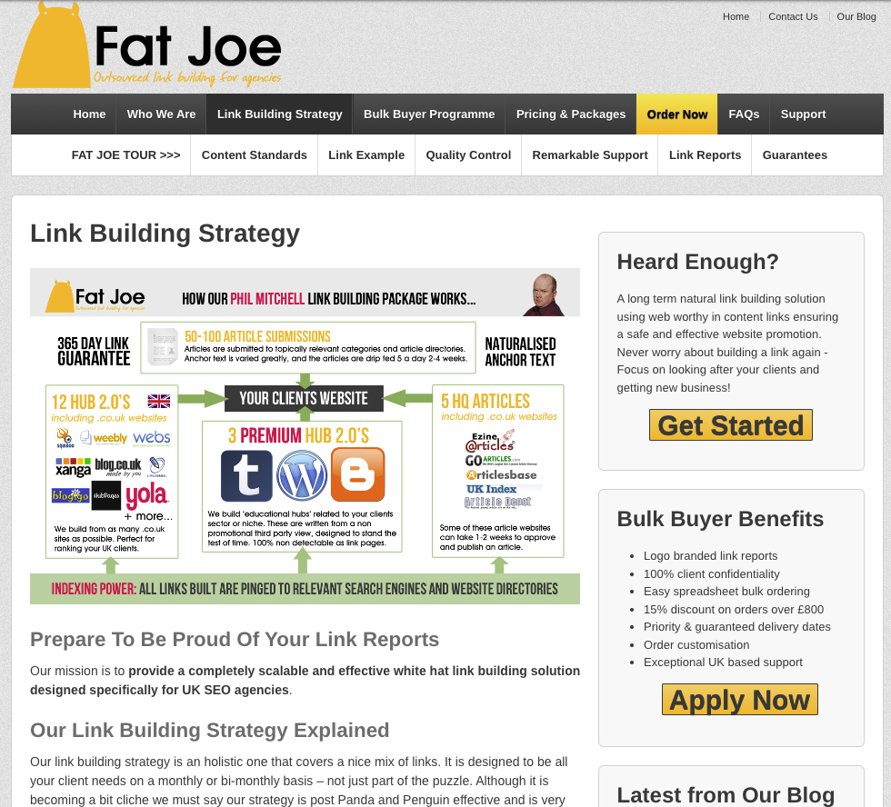 Screenshot of FATJOE's blogger outreach service in 2013.