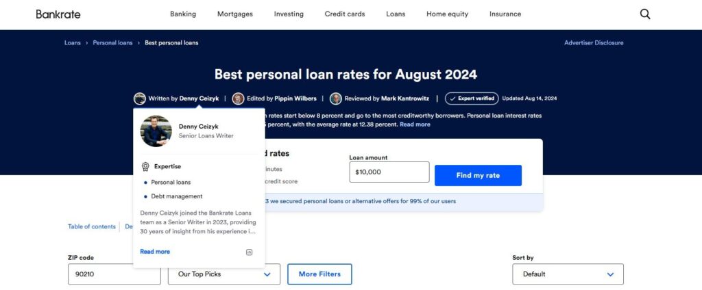 Bankrate author credentials example
