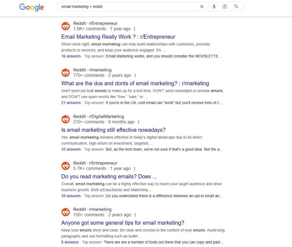 Email marketing + Reddit example search