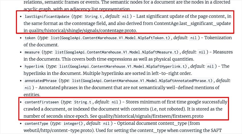 Screenshot of algorithm leaks highlighting freshness metrics.