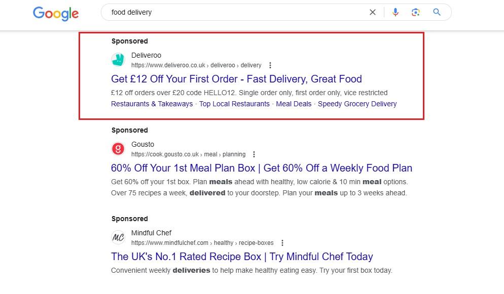 Deliveroo SERP discount code example