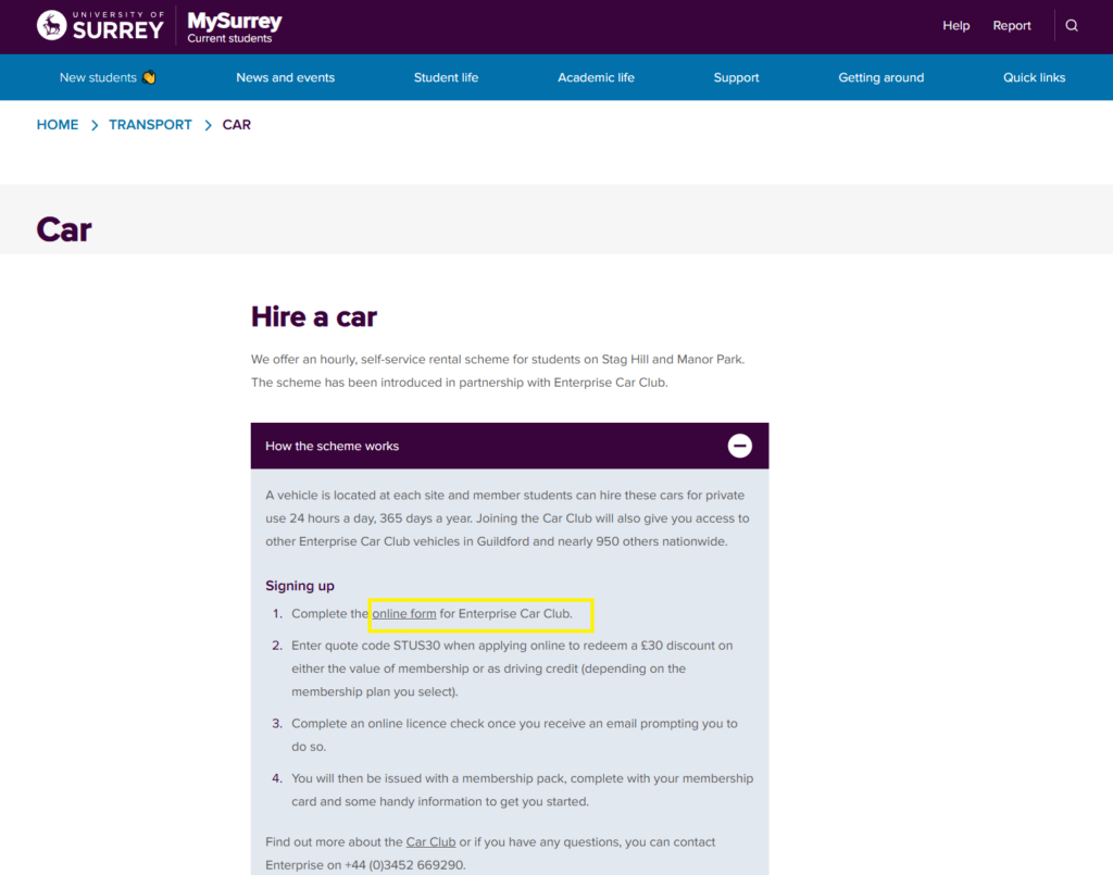 University of Surrey example page