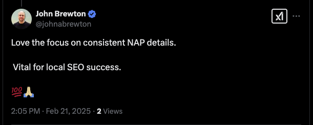 Tweet praising importance of NAP in local SEO