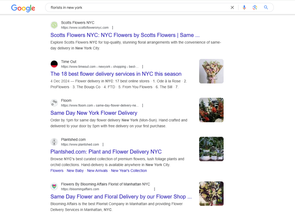 Florists in New York example SERP