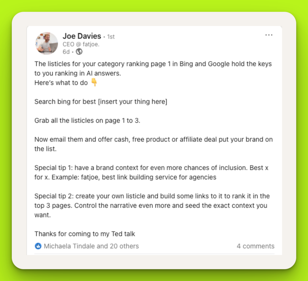 Joe Davies advice on appearing in listicles.