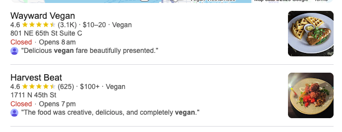 Seattle vegan reviews amounts