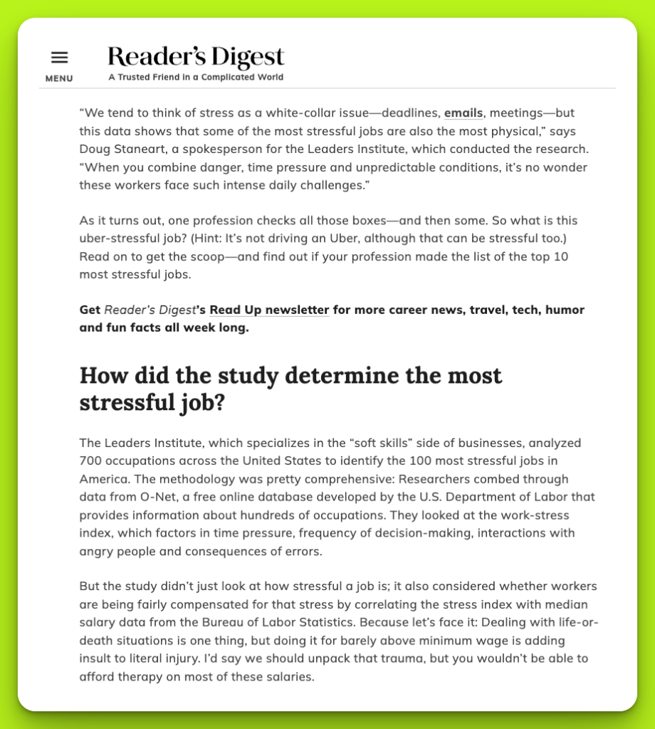 Screenshot of The Leaders Institute coverage in Reader's Digest